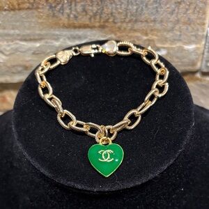 Gold Plated Chain Bracelet with Designer Green Enamel Heart Charm